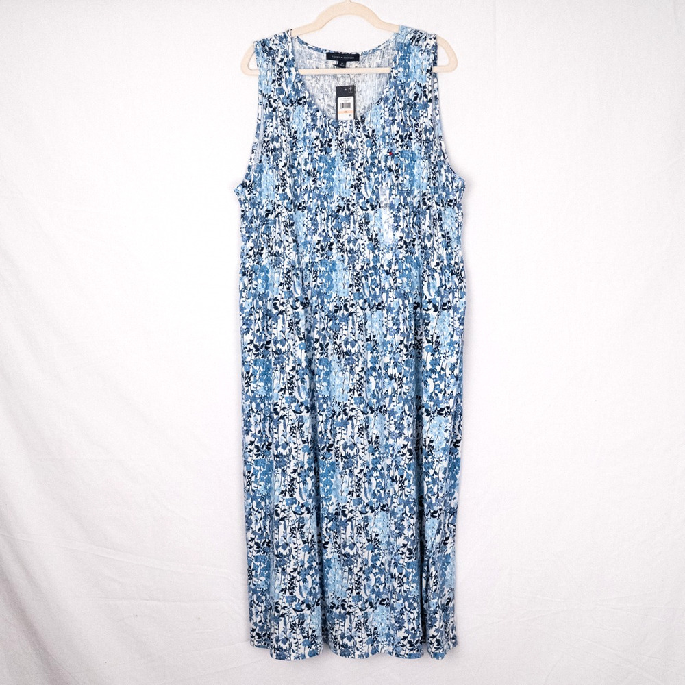 Tommy Hilfiger Casual Knit Dress Midi Size 2X Blue White Floral Cottage Country